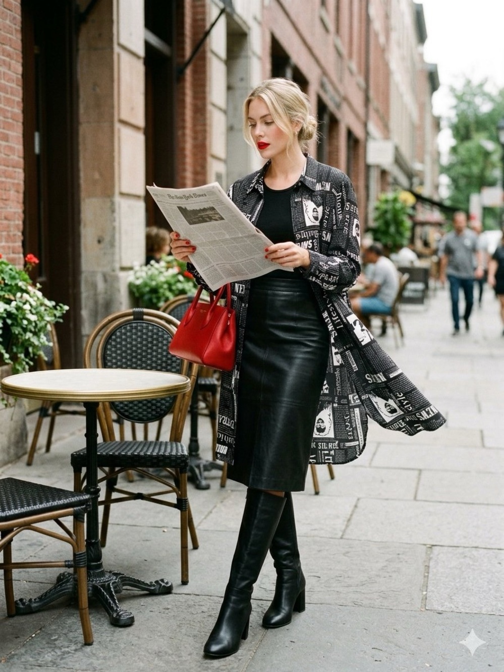 Live 4 Truth Black & White Newspaper Print Midi Shirt Dress with Red Accessories